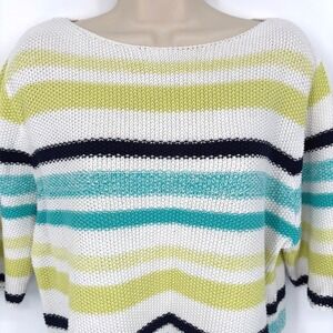 Marble Scotland Striped Boat Neck Sweater White Green Blue 3/4 Sleeve XL